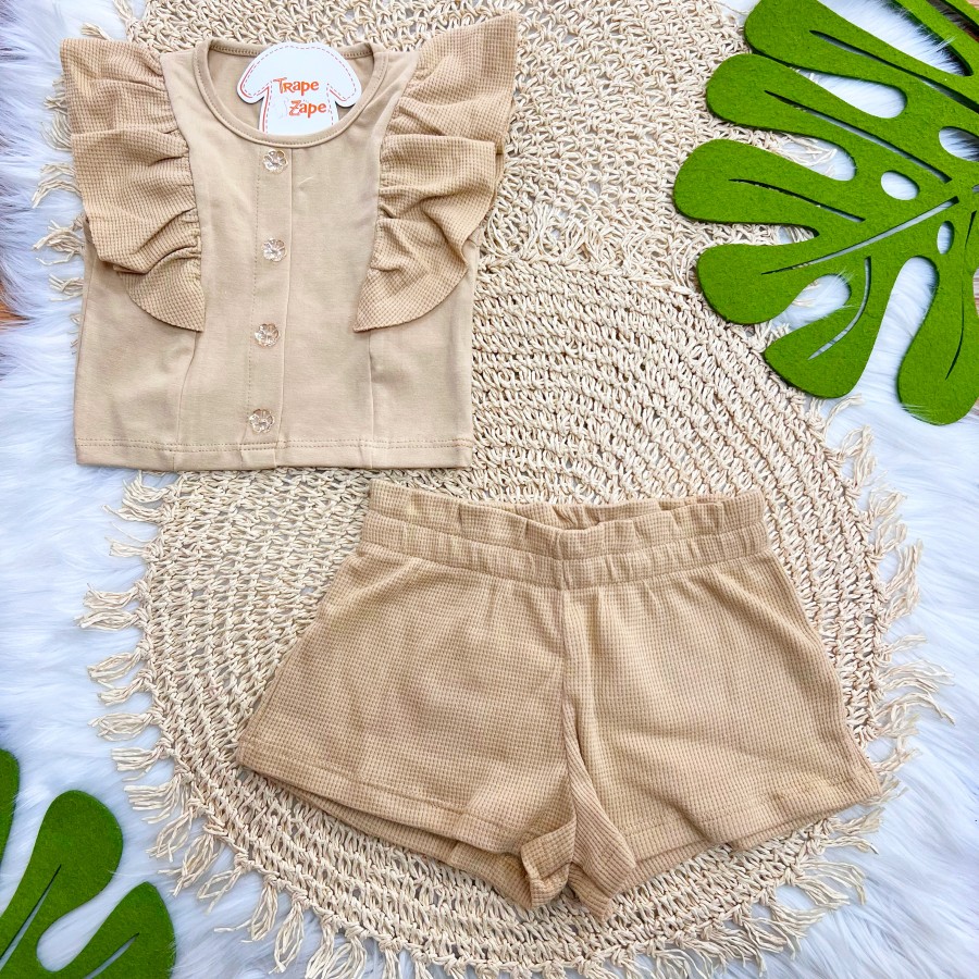 Conj. Blusa com Botões Transparentes de Flores e Short - Areia